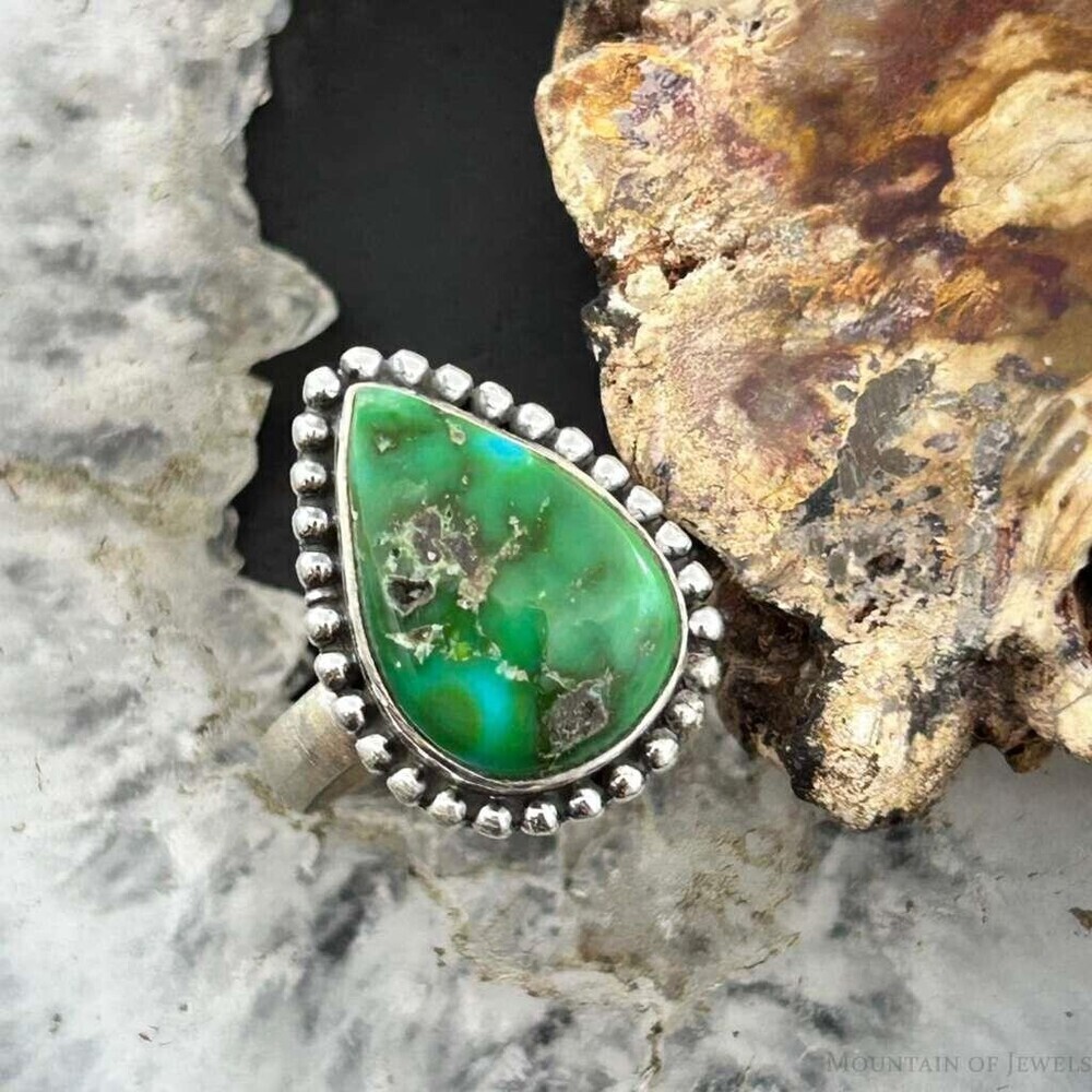 Sterling Southwestern Style Teardrop Sonora Gold Turquoise Adjustable Ring #7
